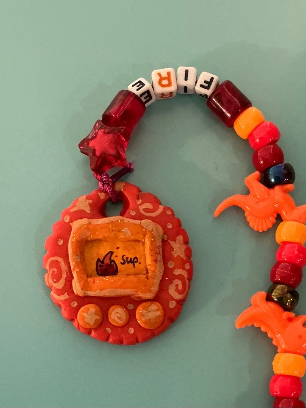 Handmade Kids Keychain Charm - Orange Beaded Fire Design